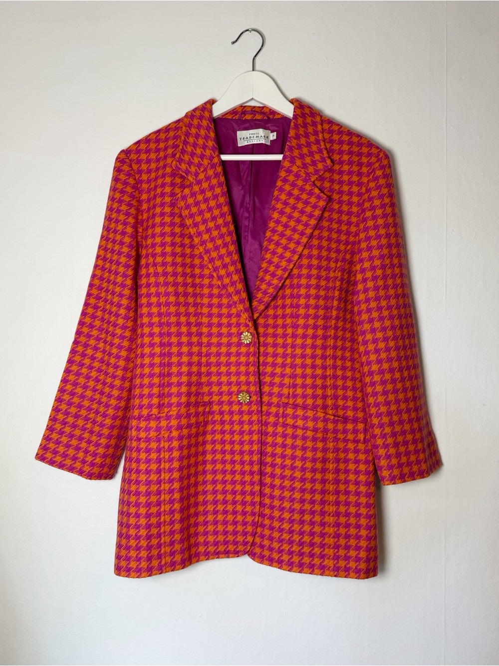 Vintage 90s PORTS International Wool Pink/Orange Houndstooth Tailored Blazer